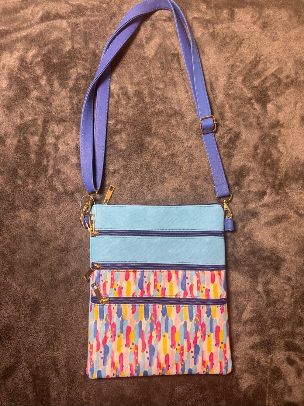 Avenue 9 Colorful Multi Zip Crossbody Bag Blue Abstract Print Organizer Purse